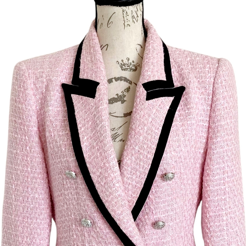 SOLD Zara Tweed pink Double Breasted Blazer Jacket L Structured contrast Black - Picture 5 of 17
